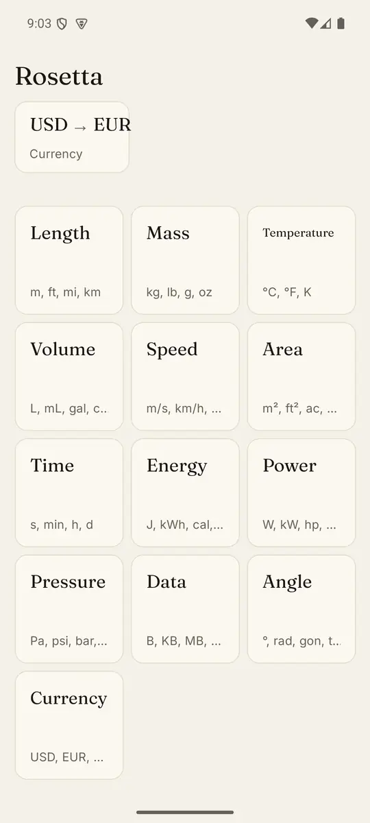 Rosetta home screen showing favorites and a grid of unit-category tiles.
